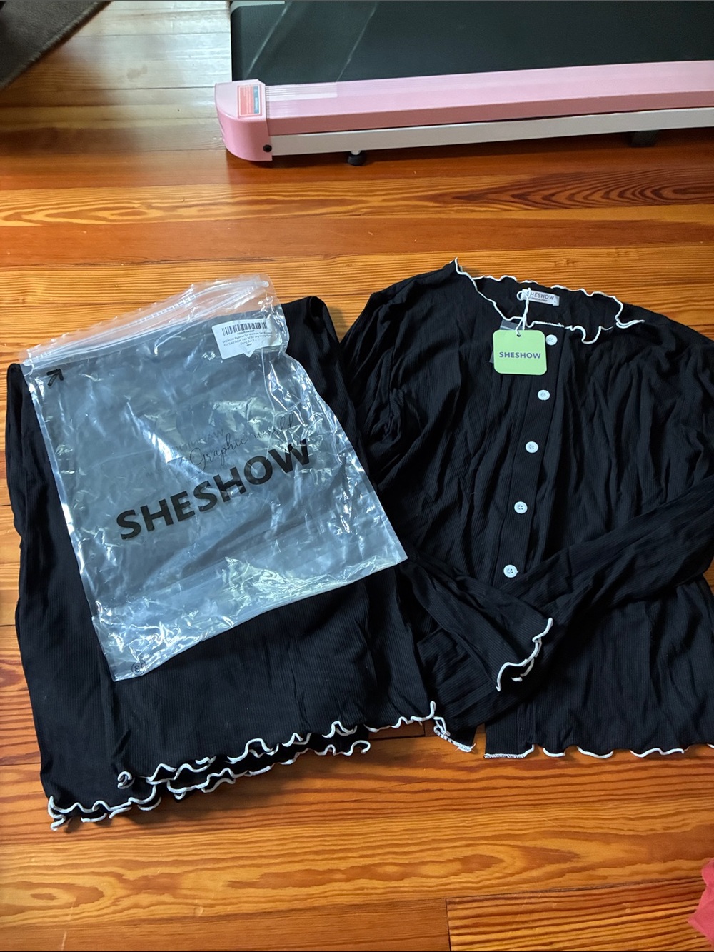 SHESHOW Women's Black Ruffle-Trim Button Pajama Set